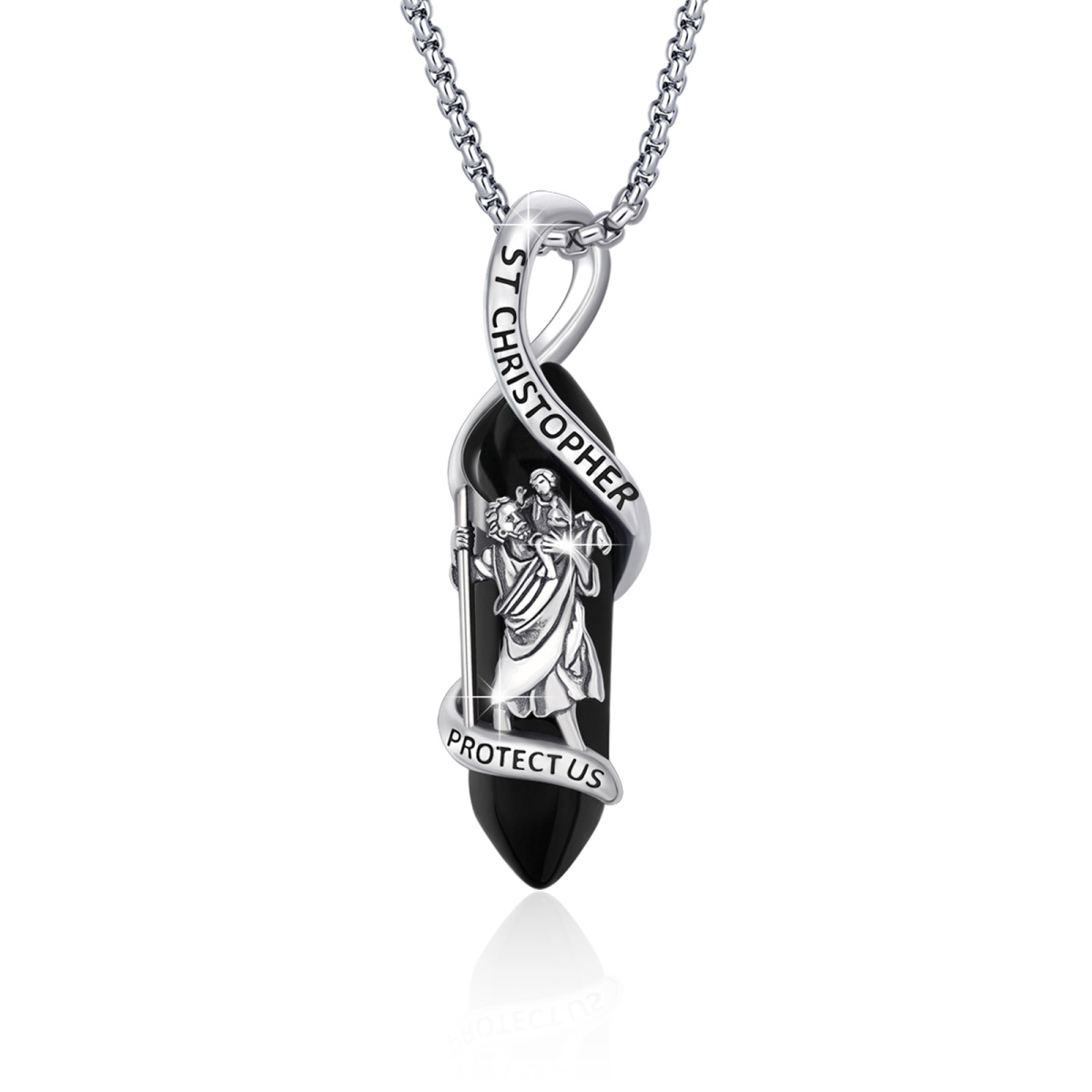 Sterling Silver Crystal St. Christopher Pendant Necklace with Engraved Word-1