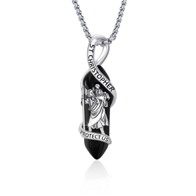 Sterling Silver Crystal St. Christopher Pendant Necklace with Engraved Word-0