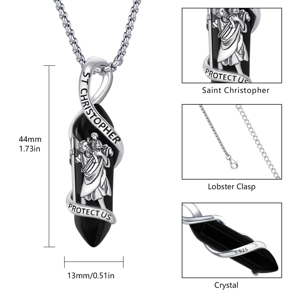 Collar de plata de ley con colgante de cristal de San Cristóbal y palabra grabada-7