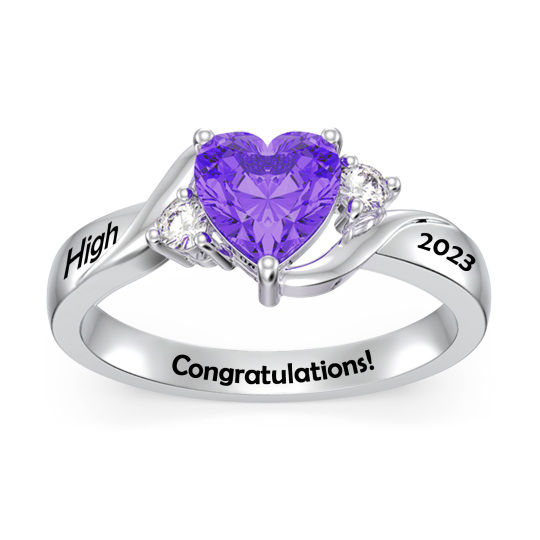 10K White Gold Heart Cubic Zirconia Personalized Engraving & Birthstone Ring