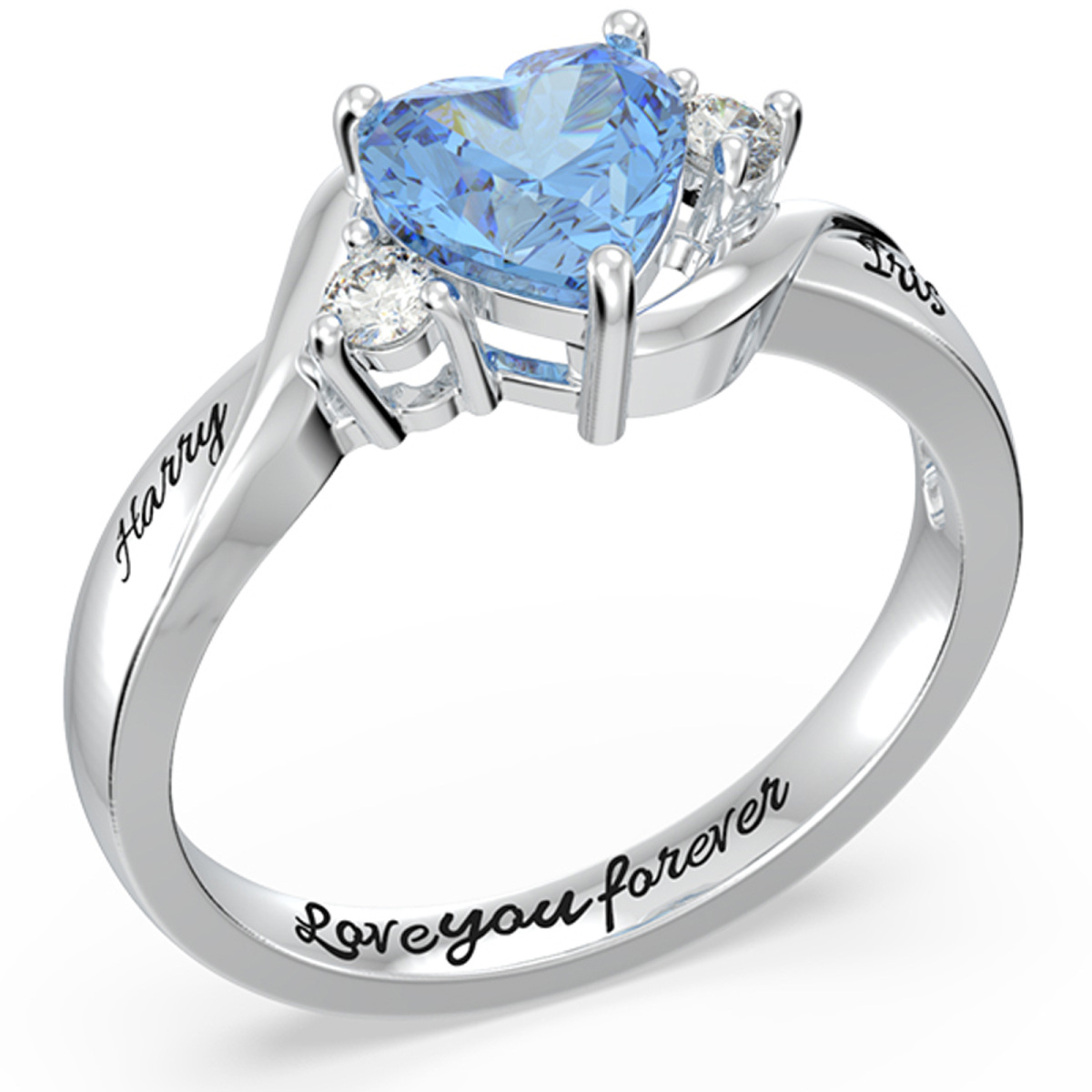 10K White Gold Heart Cubic Zirconia Personalized Engraving & Birthstone Ring-1