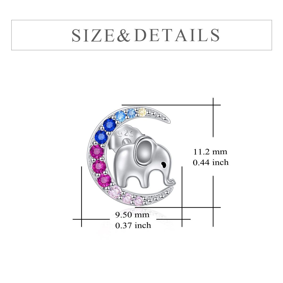 Sterling Silver Circular Shaped Cubic Zirconia Elephant & Moon Stud Earrings-5