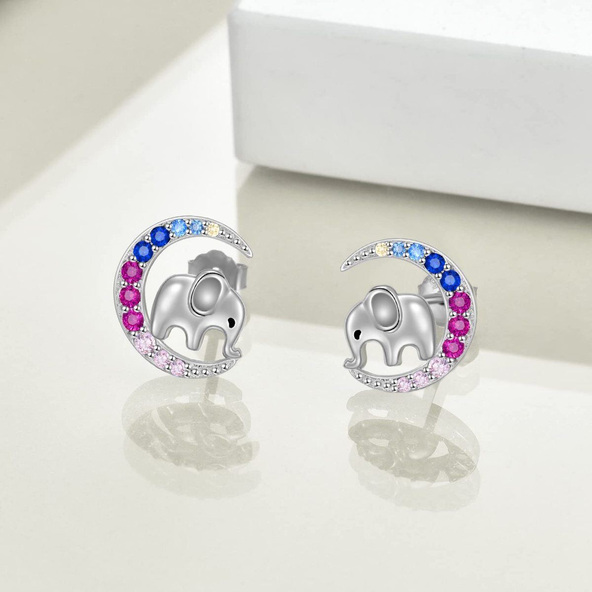 Sterling Silver Circular Shaped Cubic Zirconia Elephant & Moon Stud Earrings-3