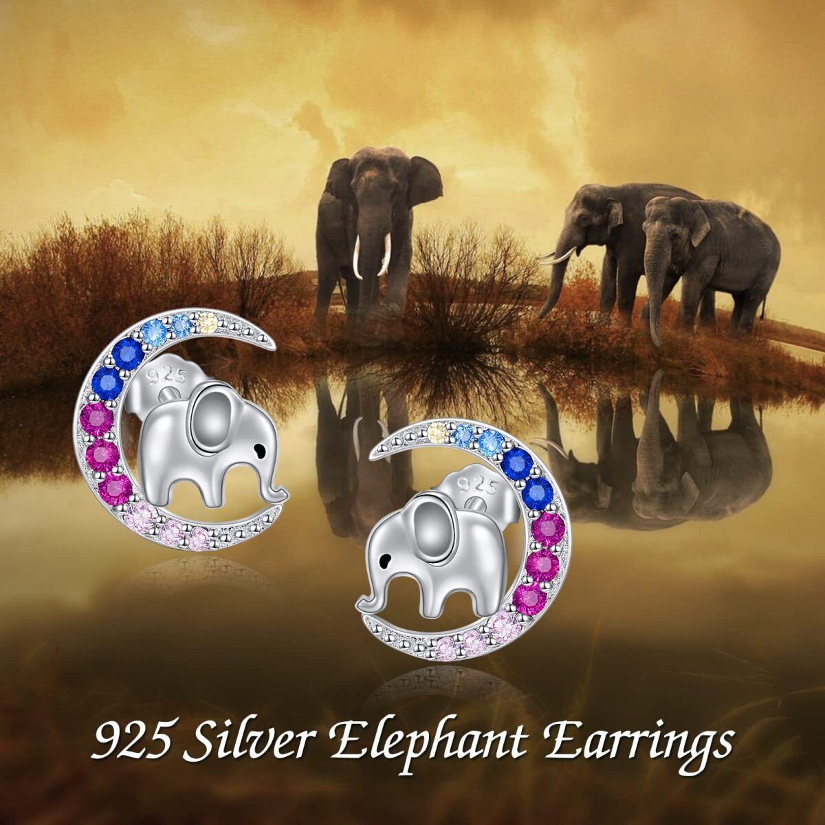 Sterling Silver Circular Shaped Cubic Zirconia Elephant Moon Stud Earrings-6