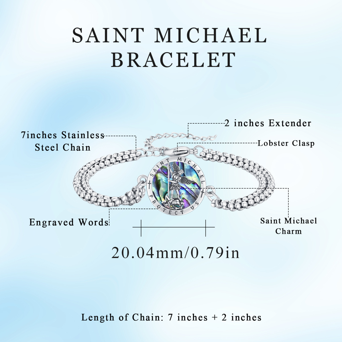 Bracelet en argent sterling avec pendentif Saint Michel en forme d'ormeau et mot gravé-6