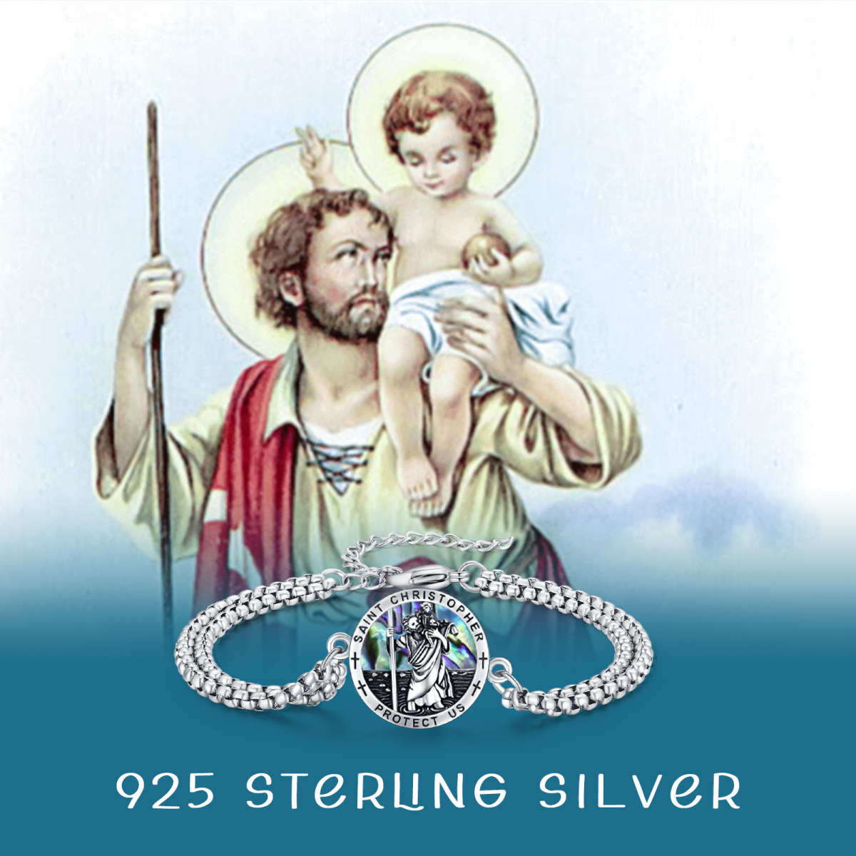 Sterling Silver Oval Abalone Shellfish Saint Christopher Pendant Bracelet with Engraved Word-7