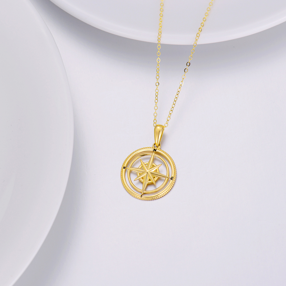 14K Gold Compass Pendant Necklace with Initial Letter E & with Initial Letter N & with Initial Letter S & with Initial Letter W-5