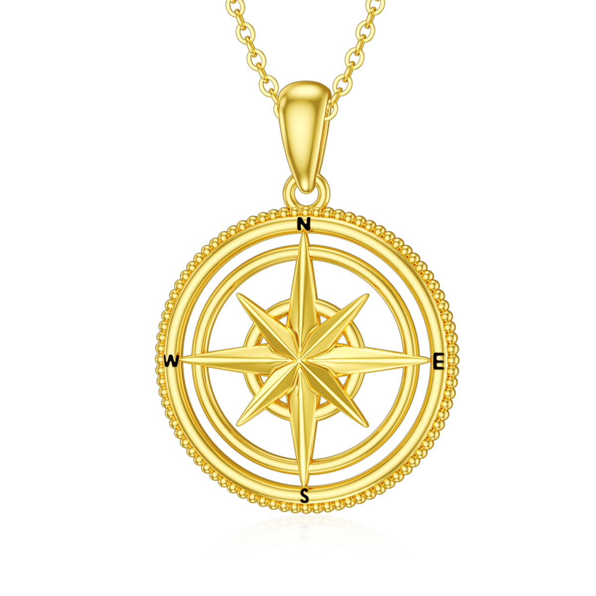 14K Gold Compass Pendant Necklace with Initial Letter E & with Initial Letter N & with Initial Letter S & with Initial Letter W-1