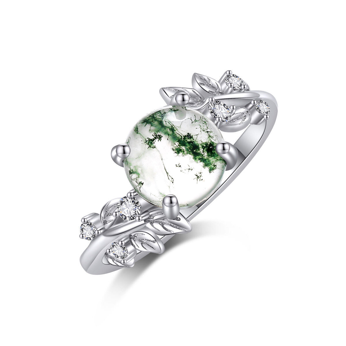 Sterling Silver Moss Agate Leaves Engagement Ring-1