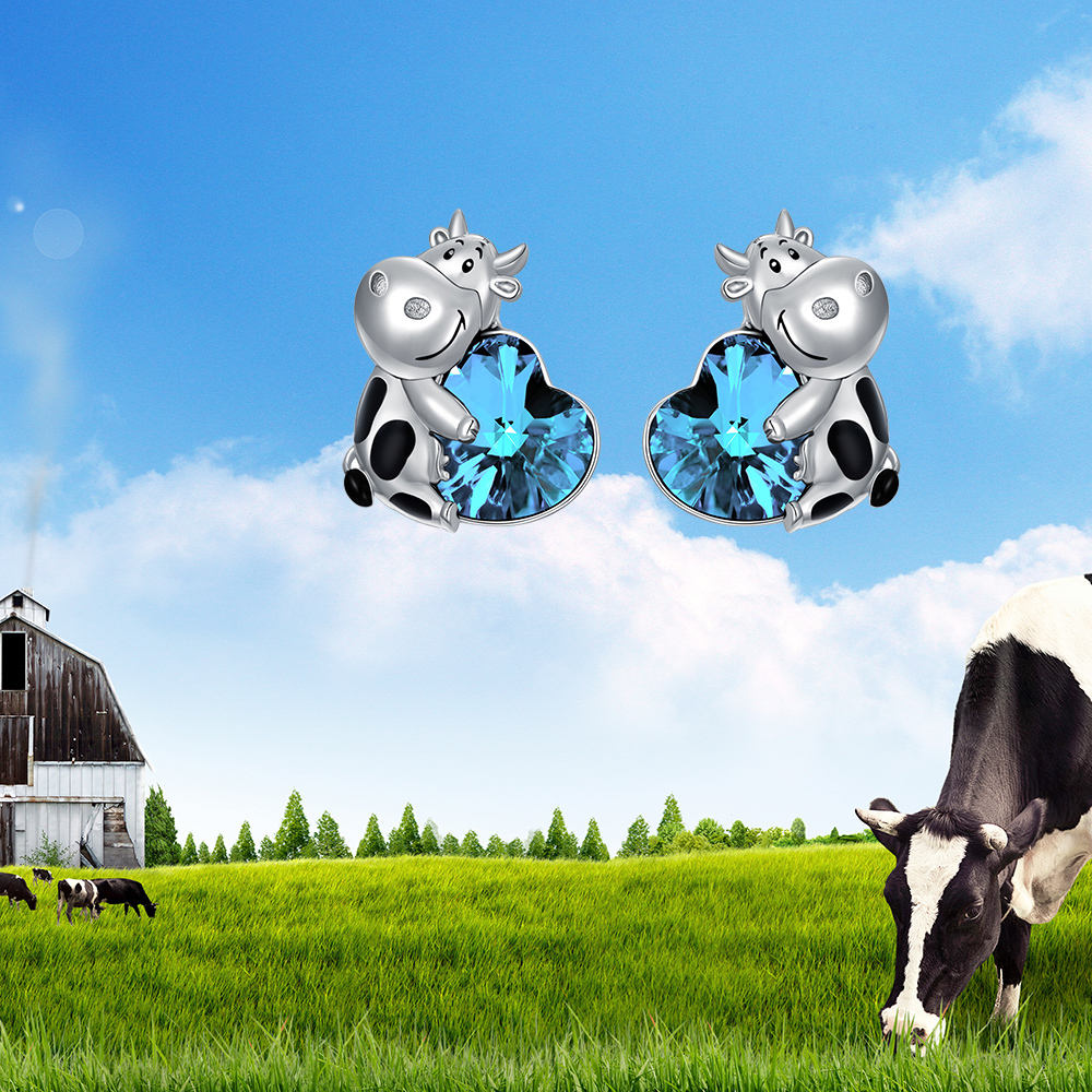 Sterling Silver Heart Shaped Crystal Cow & Heart Stud Earrings-6