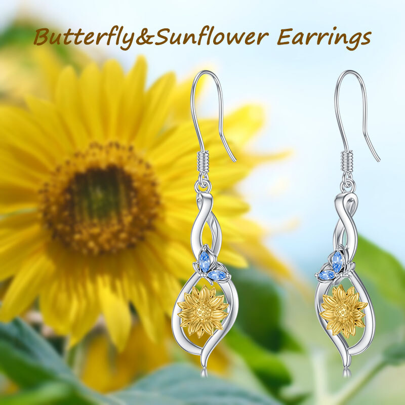 Sterling Silver Crystal Butterfly & Sunflower Drop Earrings-6