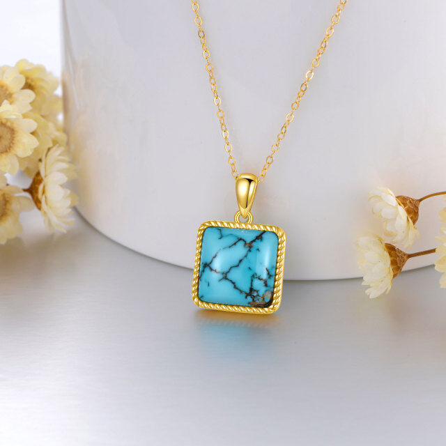 14K Gold Princess-square Shaped Turquoise Pendant Necklace-2
