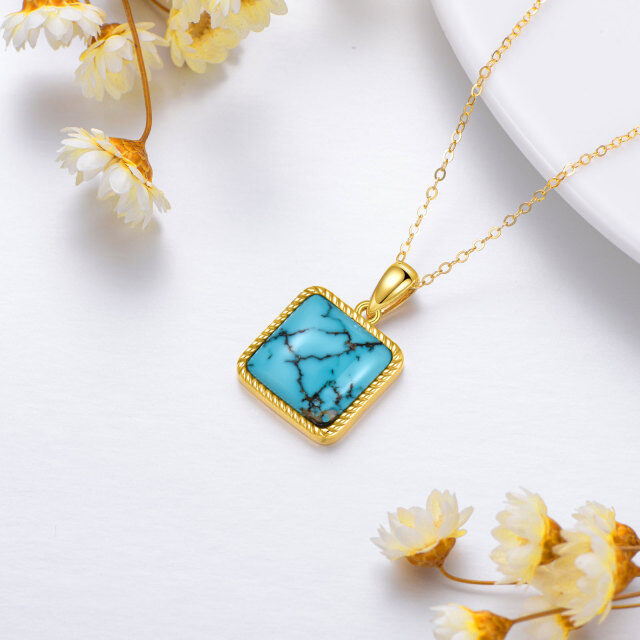 14K Gold Princess-square Shaped Turquoise Pendant Necklace-3