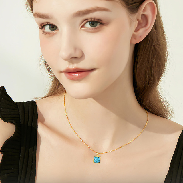 14K Gold Princess-square Shaped Turquoise Pendant Necklace-1