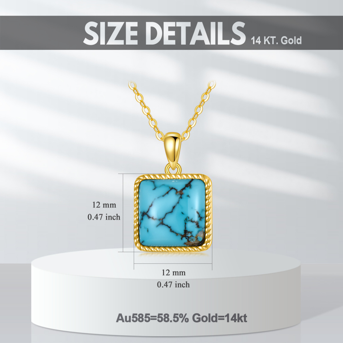 14K Gold Princess-square Shaped Turquoise Pendant Necklace-6