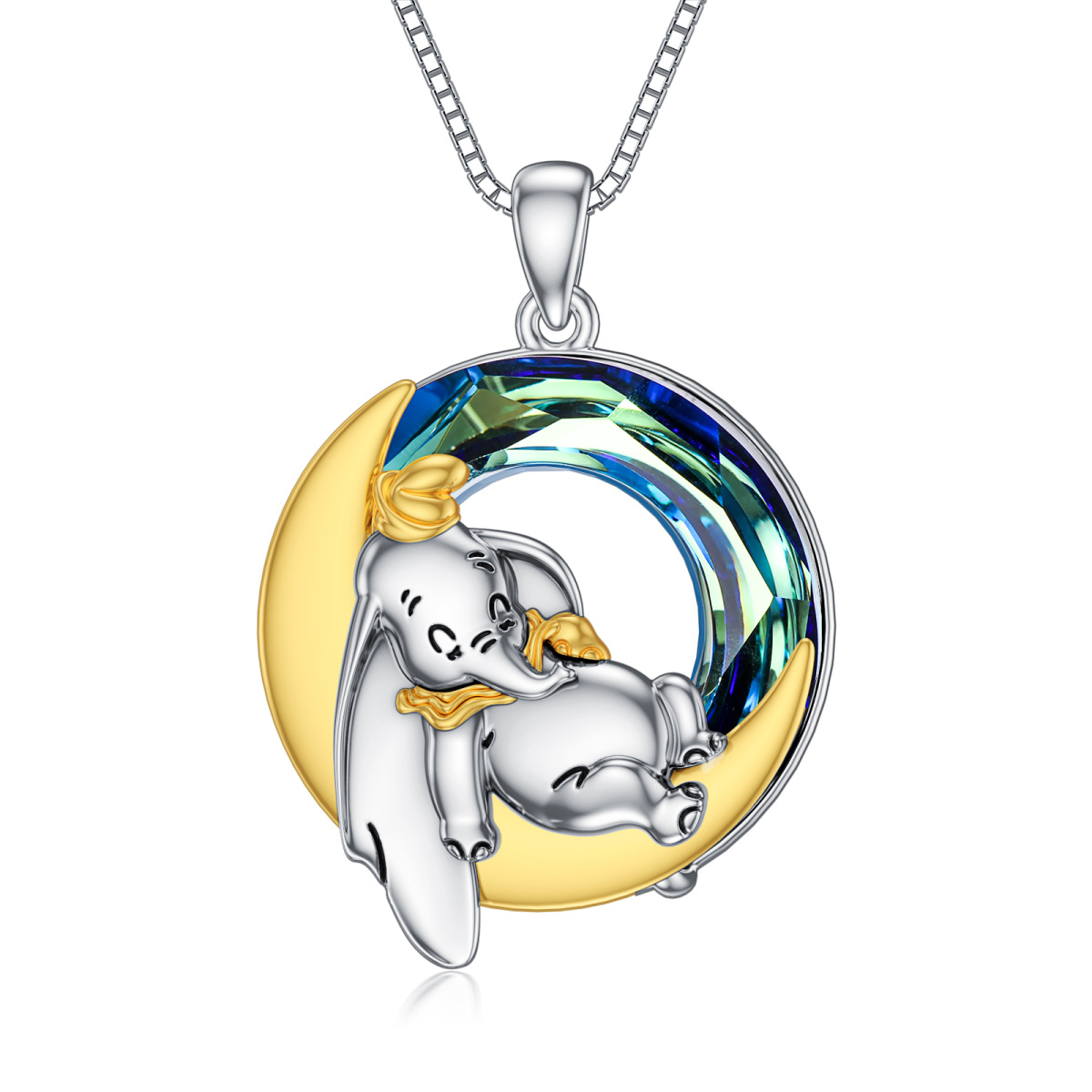 Sterling Silver Round Elephant Crystal Pendant Necklace-1