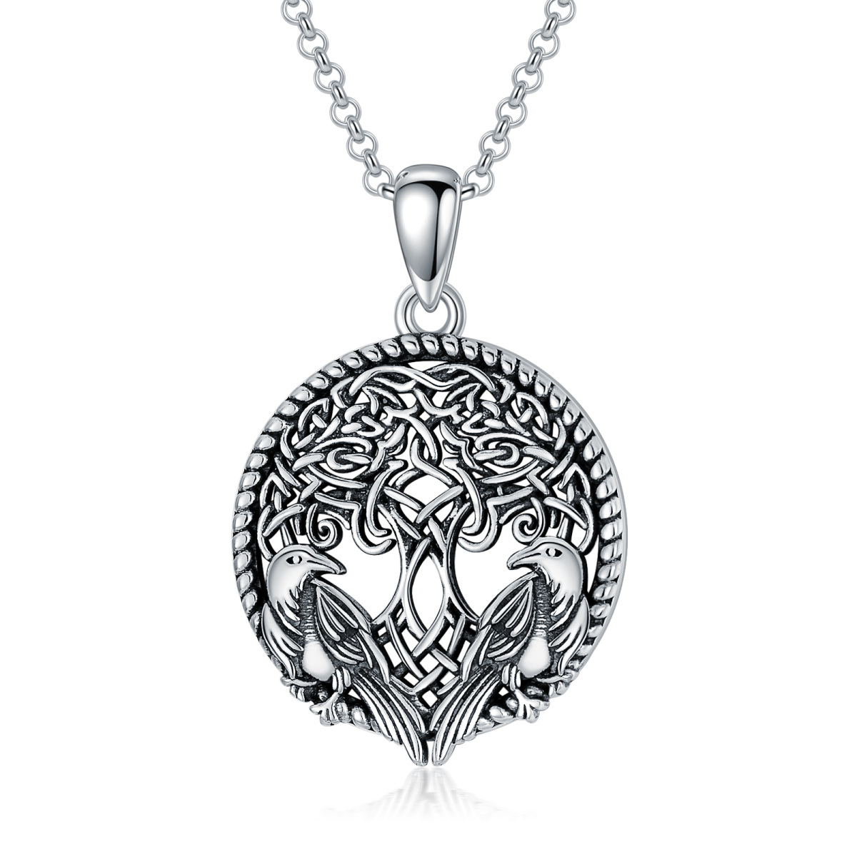 Sterling Silver with Black Plated Round Tree Of Life Pendant Necklace-1