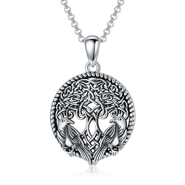 Sterling Silver with Black Plated Round Tree Of Life Pendant Necklace-0