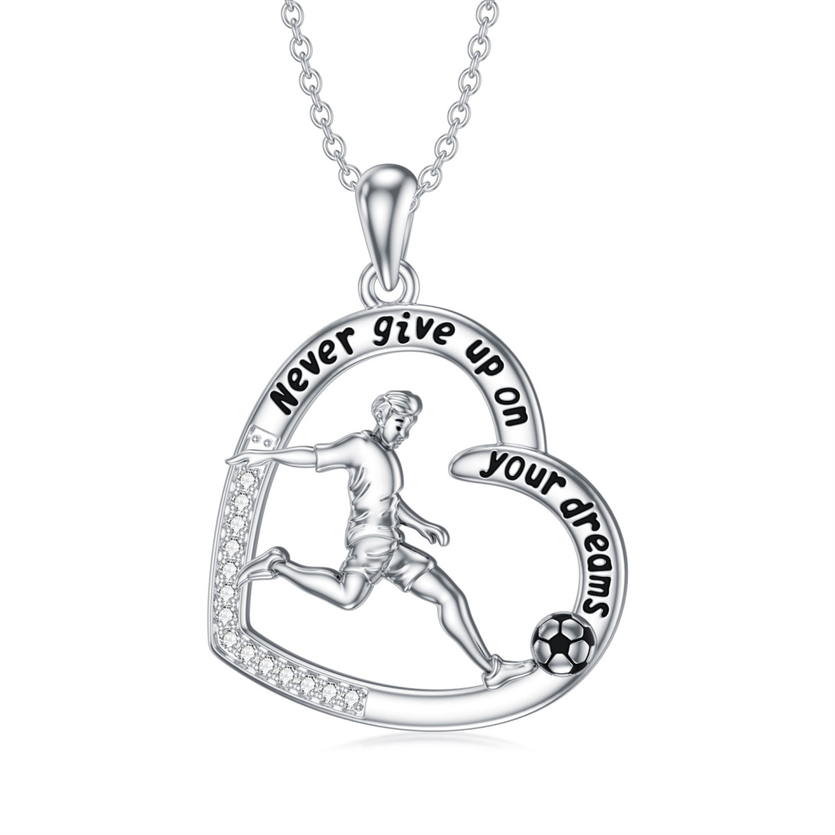 Sterling Silver Round Cubic Zirconia Football & Heart Pendant Necklace with Engraved Word-1