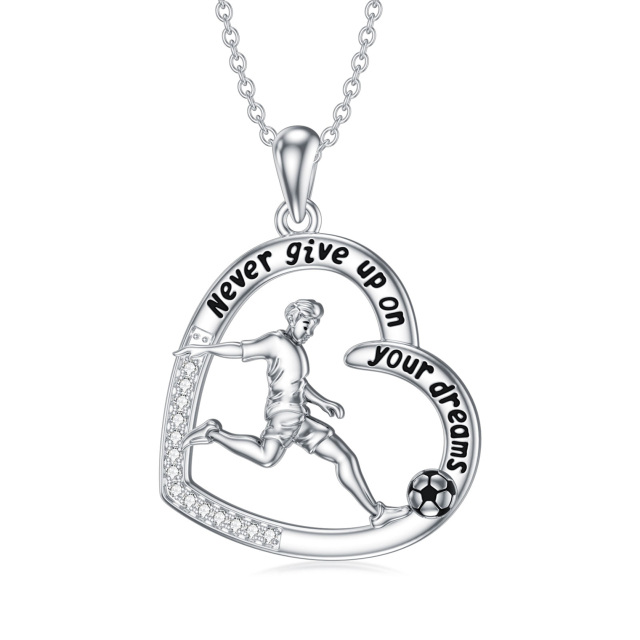 Sterling Silver Round Cubic Zirconia Football & Heart Pendant Necklace with Engraved Word-0