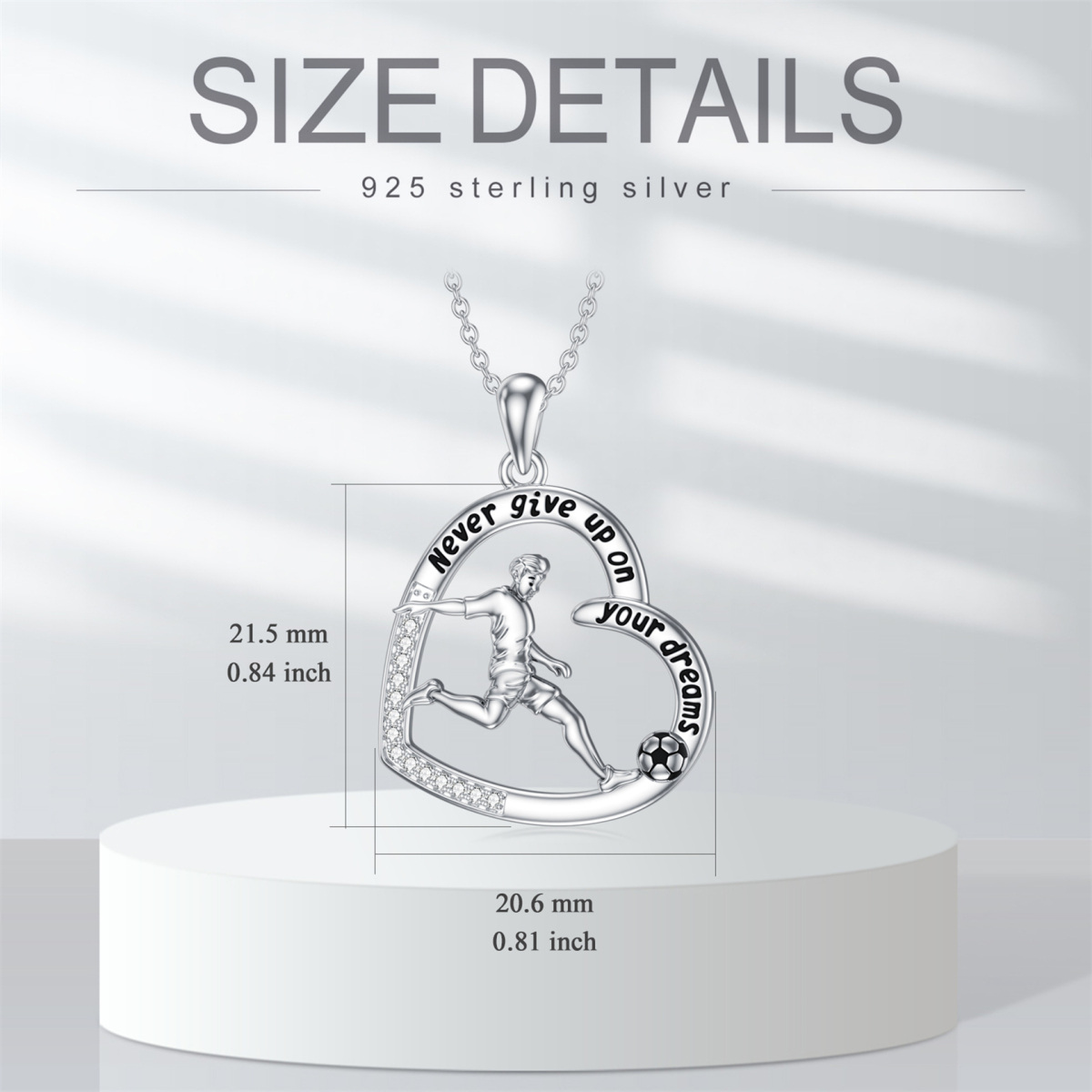 Sterling Silber Runde Cubic Zirkonia Fußball & Herz Anhänger Halskette mit eingraviertem W-6