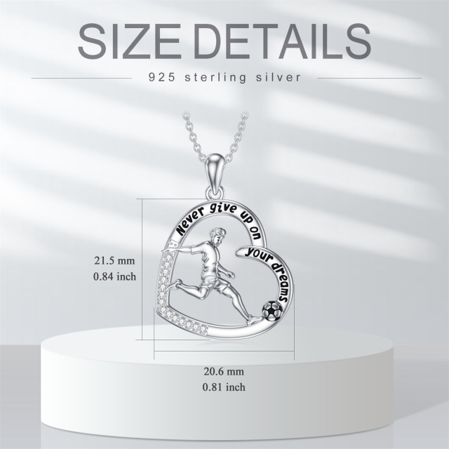 Sterling Silver Round Cubic Zirconia Football & Heart Pendant Necklace with Engraved Word-5