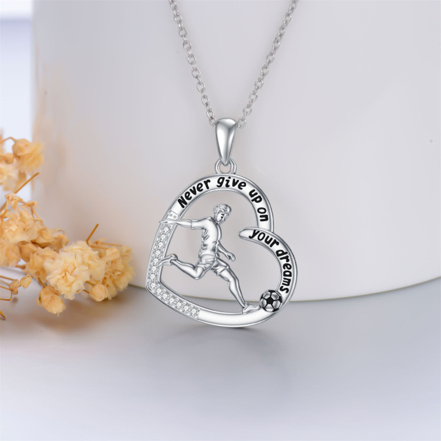 Sterling Silver Round Cubic Zirconia Football & Heart Pendant Necklace with Engraved Word-3