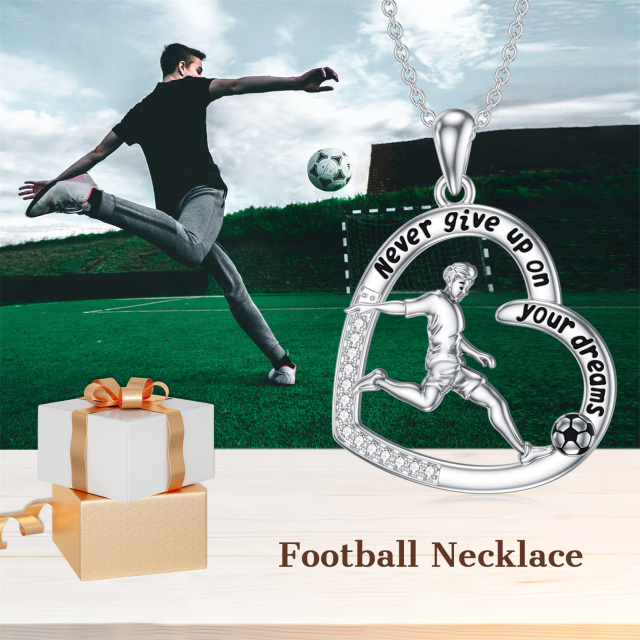 Sterling Silver Round Cubic Zirconia Football & Heart Pendant Necklace with Engraved Word-2