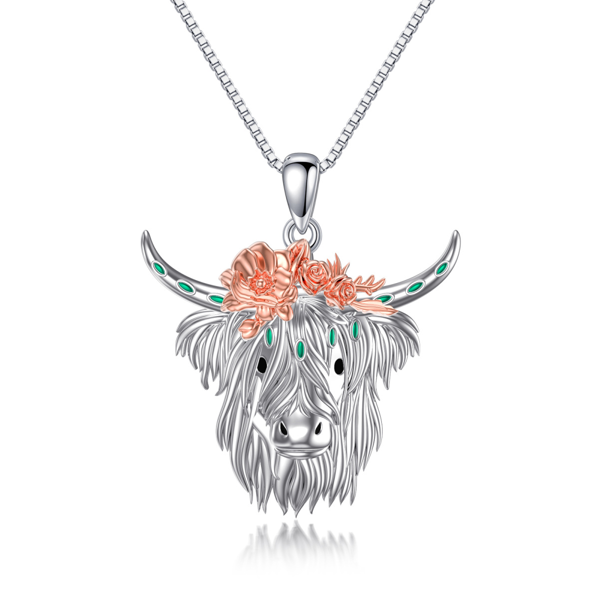Sterling Silver Two-tone Highland Cow & Rose Pendant Necklace-1