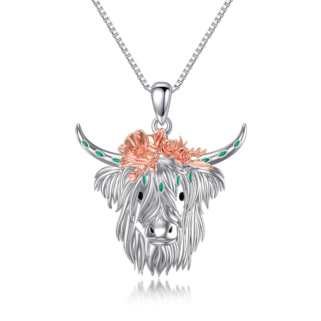 Sterling Silver Two-tone Highland Cow & Rose Pendant Necklace-0