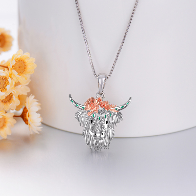 Sterling Silver Two-tone Highland Cow & Rose Pendant Necklace-2