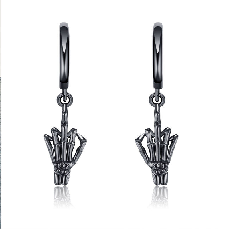 Sterling Silver with Black Rhodium Color Skull Hand Drop Earrings