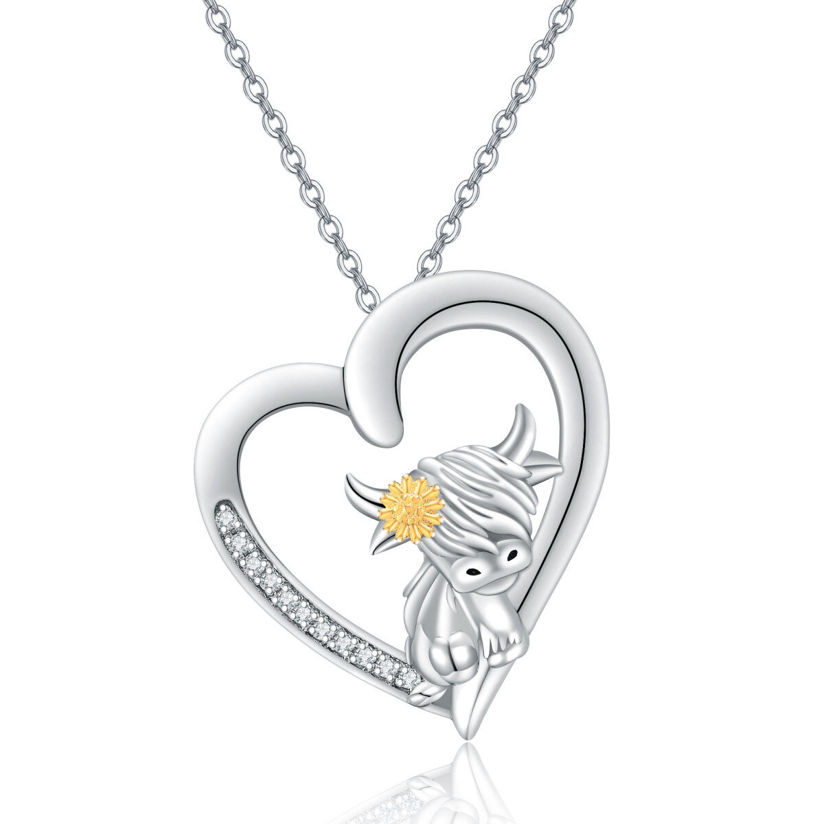 Sterling Silver Two-tone Round Cubic Zirconia Highland Cow & Heart Pendant Necklace-1