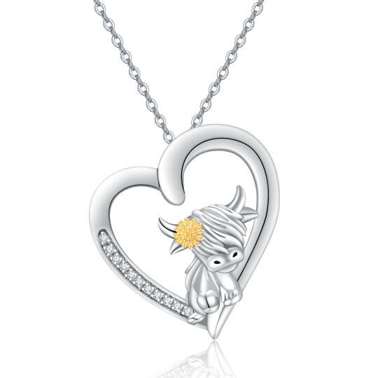 Sterling Silver Two-tone Round Cubic Zirconia Highland Cow & Heart Pendant Necklace
