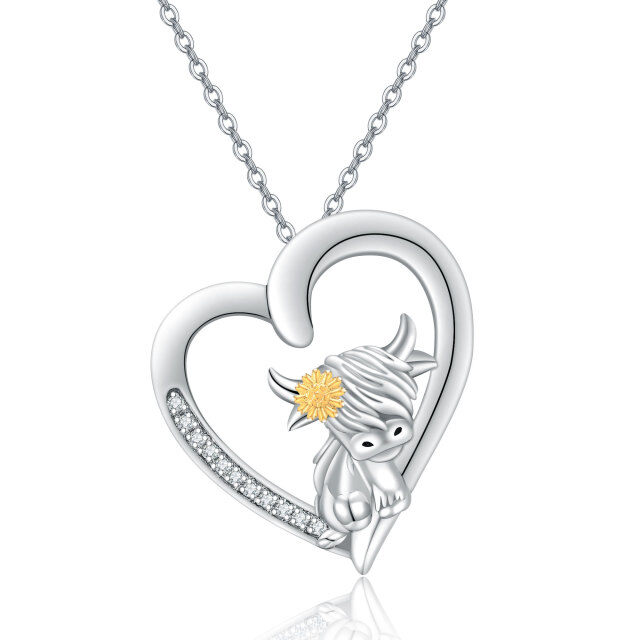 Sterling Silver Two-tone Round Cubic Zirconia Highland Cow & Heart Pendant Necklace-0