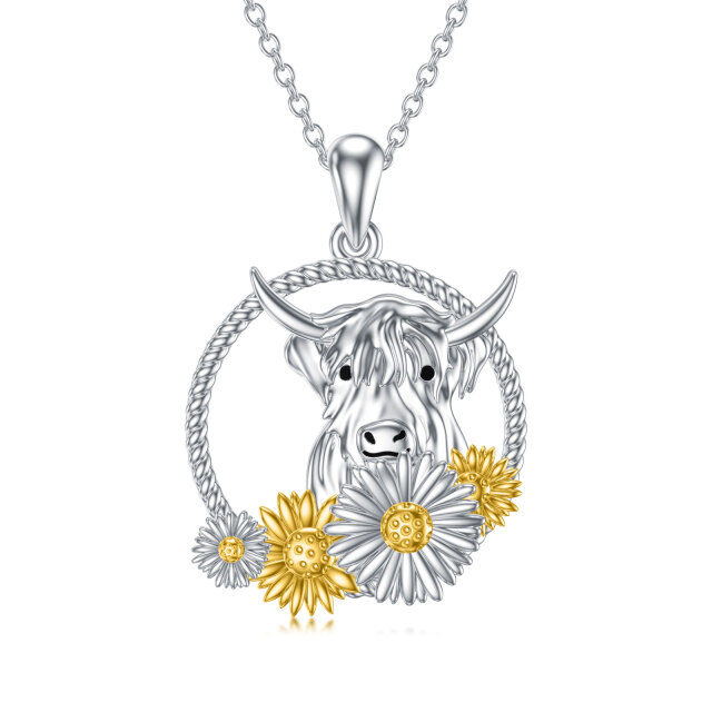 Sterling Silver Two-tone Highland Cow & Sunflower Pendant Necklace-0