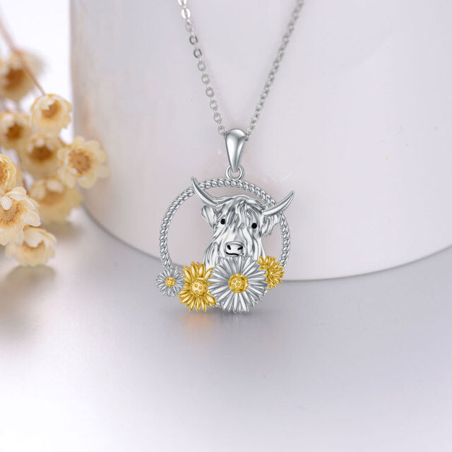 Sterling Silver Two-tone Highland Cow & Sunflower Pendant Necklace-4