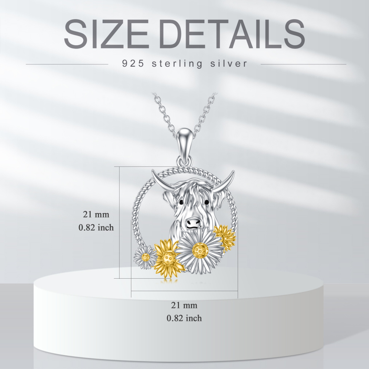 Sterling Silver Two-tone Highland Cow & Sunflower Pendant Necklace-6