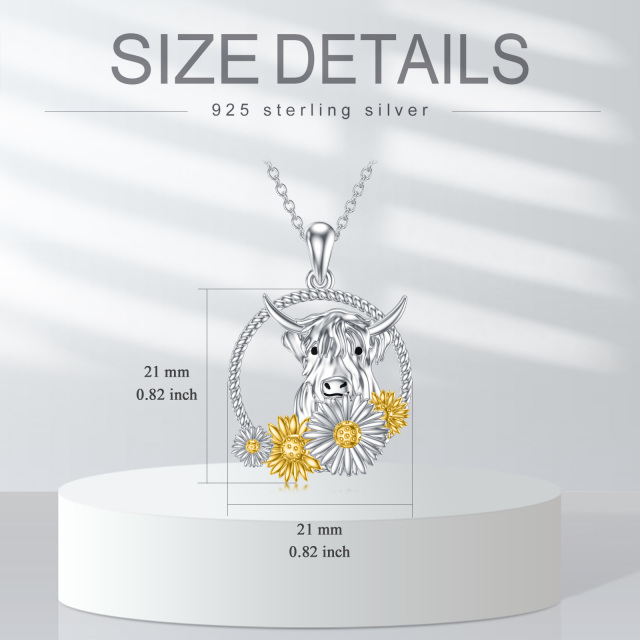 Sterling Silver Two-tone Highland Cow & Sunflower Pendant Necklace-5