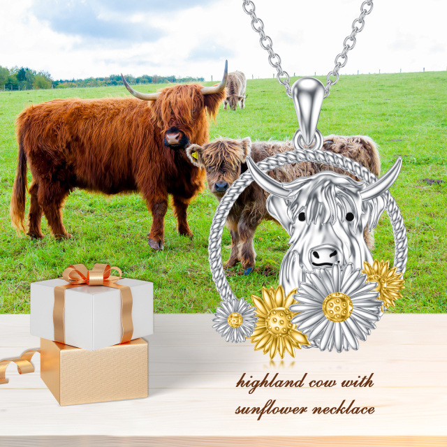 Sterling Silver Two-tone Highland Cow & Sunflower Pendant Necklace-3
