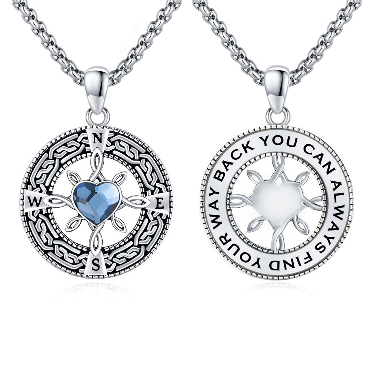 Sterling Silver Heart Crystal Compass Pendant Necklace-1