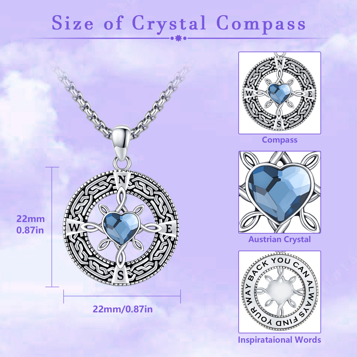 Sterling Silver Heart Crystal Compass Pendant Necklace-6