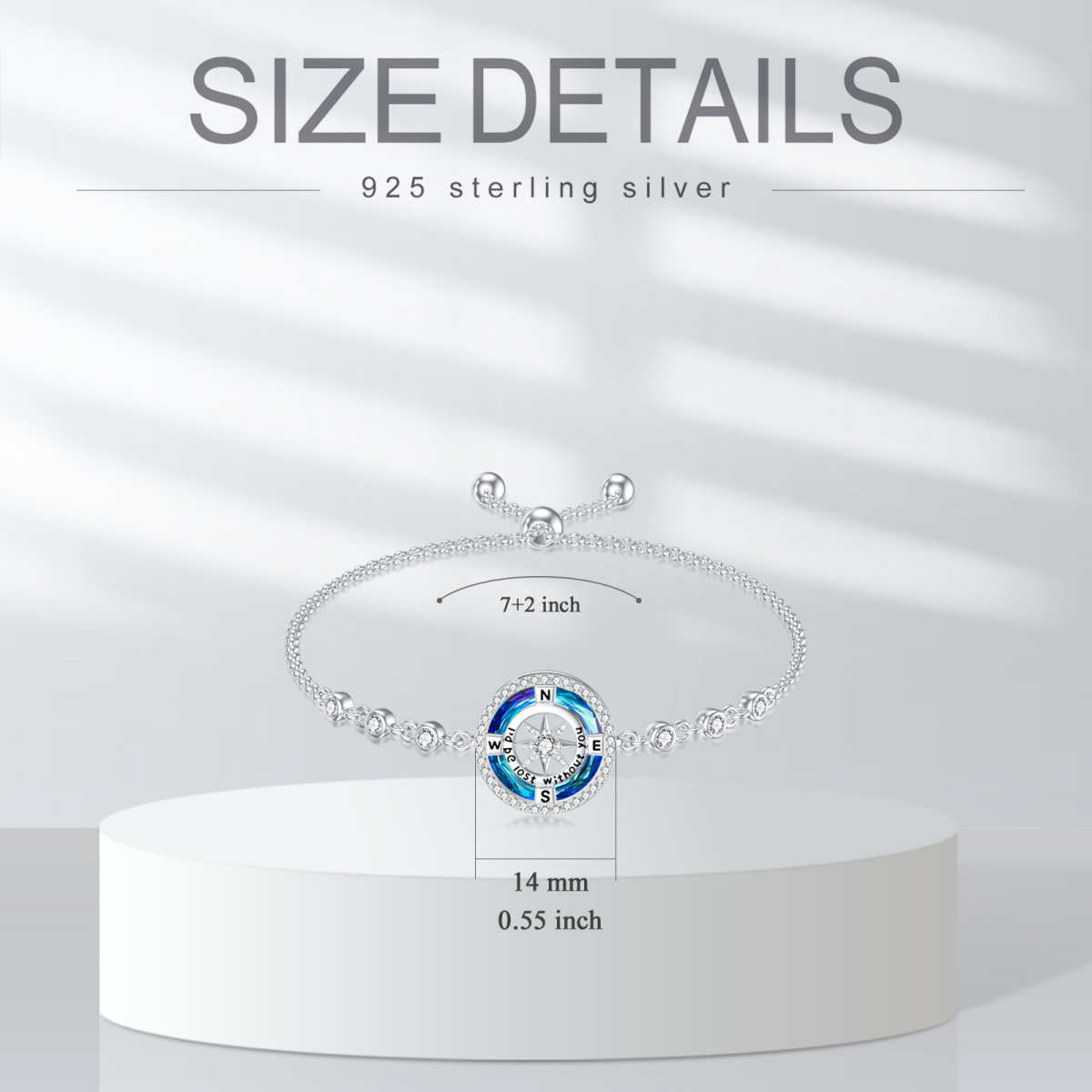 Sterling Silber kreisförmig Kristall & Cubic Zirkonia Kompass Anhänger Armband mit eingrav-5