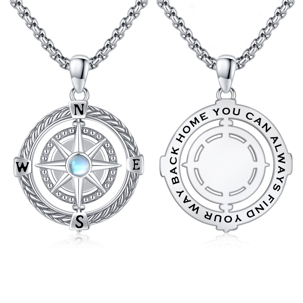 Halskette mit Kompass-Anhänger aus Sterlingsilber mit Mondstein und eingraviertem Wort-1
