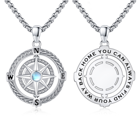 Collier en argent sterling avec pendentif boussole en pierre de lune ronde