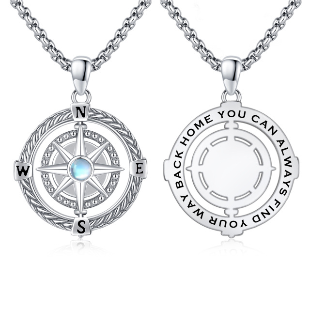 Halskette mit Kompass-Anhänger aus Sterlingsilber mit Mondstein und eingraviertem Wort-0