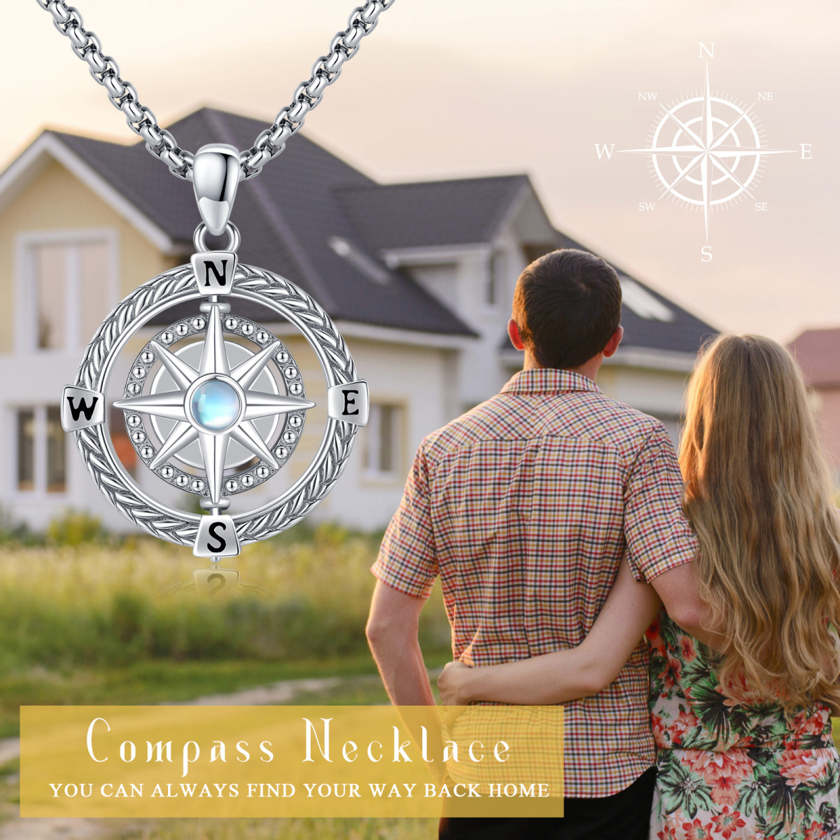 Sterling Silver Moonstone Compass Pendant Necklace with Engraved Word-6