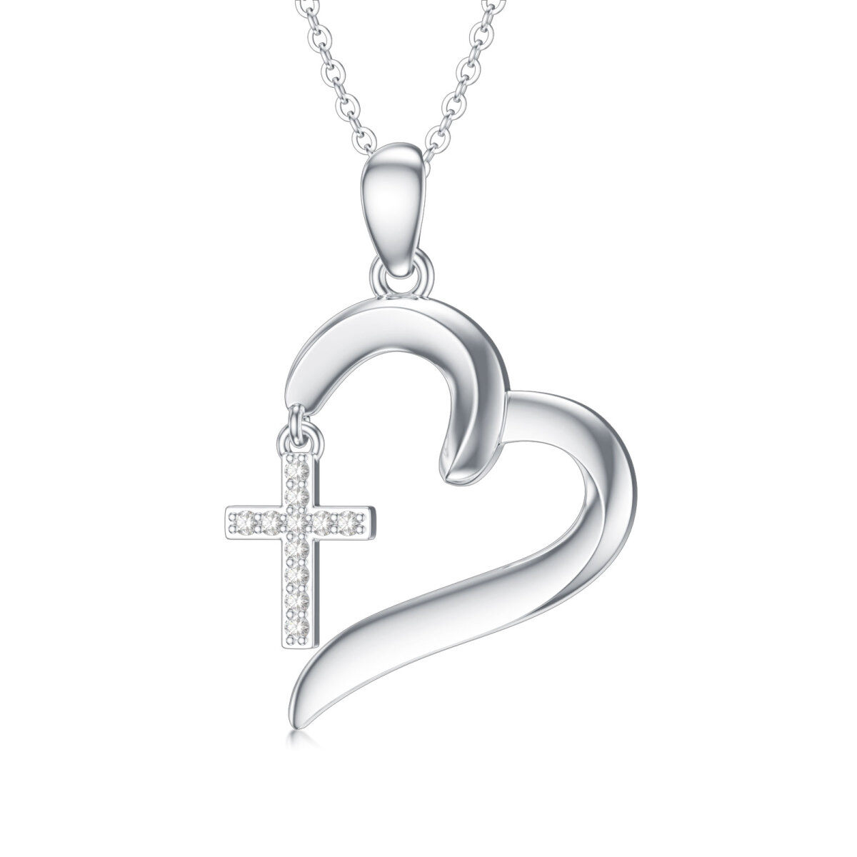 Halskette mit rundem Kreuz- und Herzanhänger aus Sterlingsilber mit Diamanten-1