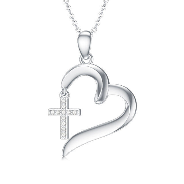 Sterling Silver Circular Shaped Diamond Cross & Heart Pendant Necklace-0