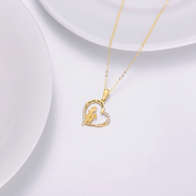 14K Gold Cubic Zirconia Mother & Daughter Heart Pendant Necklace with Engraved Word-2